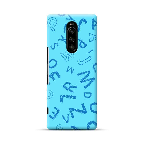 Blue background with random sketched alphabet letters Sony Xperia 1 Hard Case