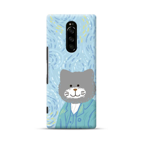 Whimsical Gray Cat with Starry Night Background Sony Xperia 1 Hard Case