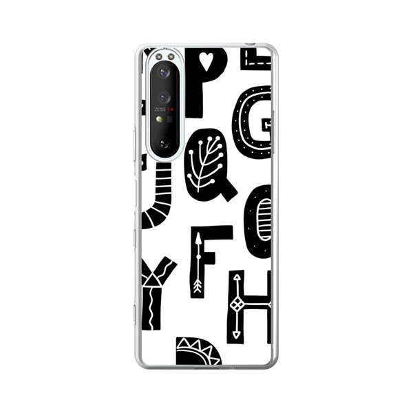 Black and White Hand-Drawn Alphabet Letters Pattern Sony Xperia 1 III Case