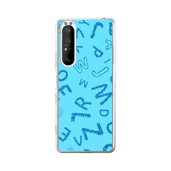 Blue background with random sketched alphabet letters Sony Xperia 1 III Case