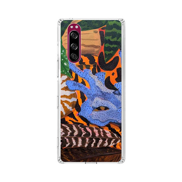 Tropical Coral Seashell Feathers on Tiger Pattern Sony Xperia 5 Case